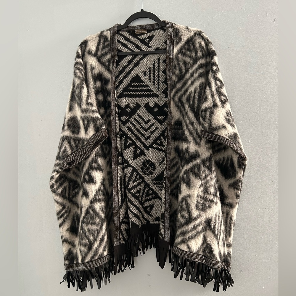 Mala Alisha Open-Front Poncho Cape Fringed Hem Black White Alpaca Wool